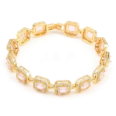Square Brass Micro Pave Clear Cubic Zirconia and Glass Link Chain Bracelets BJEW-T025-04G-04-1