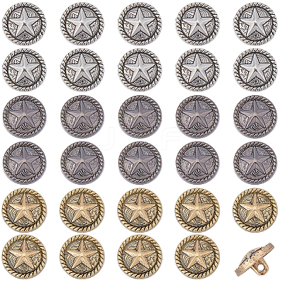 3 Colors 1-Hole Alloy Star with Flat Round Shank Buttons BUTT-GF0004-30B-1