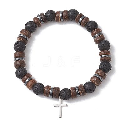 Adjustable Natural Coconut & Lava Rock Beads Stretch Bracelets BJEW-JB13285-01-1
