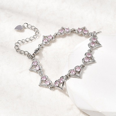 Heart Brass Micro Pave Cubic Zirconia Link Chain Bracelets BJEW-L715-01P-02-1