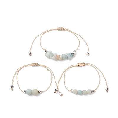 3Pcs 3 Style Natural Amazonite Braided Bead Bracelets Set BJEW-JB09334-05-1