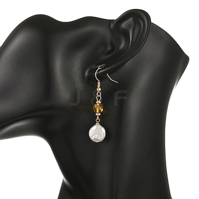 Flat Round Natural Amber & Keshi Pearl Dangle Earrings EJEW-JE07360-01-1