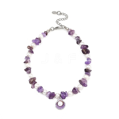 Alloy Enamel Shell Shape Charm White Round Shell Pearl & Natural Amethyst Chip Beaded Anklets AJEW-AN00734-03-1