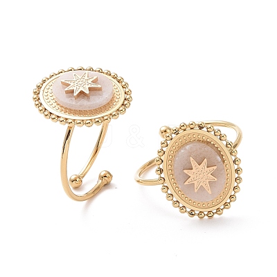 Ion Plating(IP) Natural Gemstone Oval with Star Open Cuff Ring RJEW-G265-06G-1