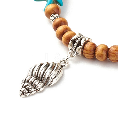 Starfish Synthetic Turquoise Beads & Round Natural Wood Beads Stretch Bracelet BJEW-JB07270-1
