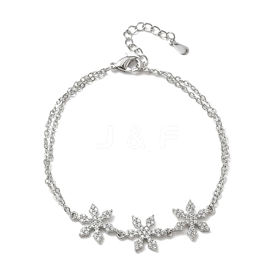 Brass Micro Pave Clear Cubic Zirconia Triple Flower Link 2-Strand Bracelets KK-CBA6980-16P-1