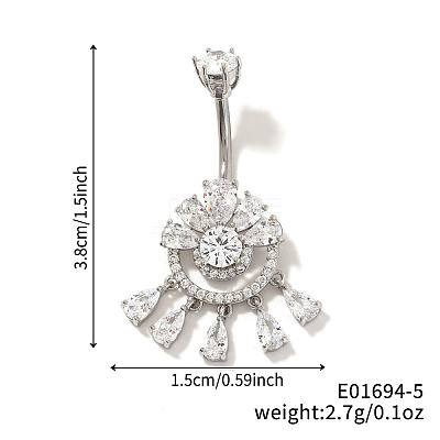 Brass Full Crystal Rhinestone Shiny Hollow Flower Ring Tassel Curved Barbell Belly Button Rings CT4144-5-1