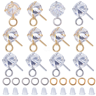 12Pcs 2 Color Brass Pave Clear Cubic Zirconia Cone Stud Earring Findings DIY-CN0002-78-1