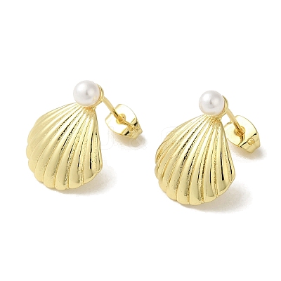 Rack Plating Brass & Round Glass Pearl Beach Shell Shaped Stud Earrings for Women EJEW-P280-28G-1