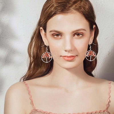 4 Pairs 4 Style Natural Mixed Gemstone Chips Tree of Life Dangle Earrings EJEW-AN0002-48-1
