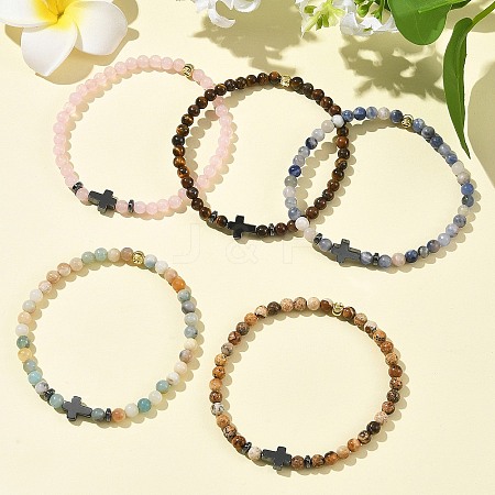 Non-magnetic Synthetic Hematite & Natural Mixed Gemstone Beaded Stretch Bracelets for Women Men BJEW-JB14012-1