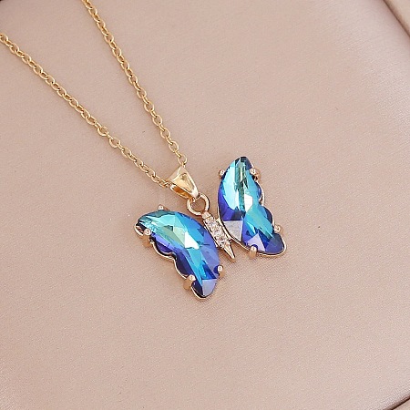 Fashionable Gradient Butterfly Alloy Glass Pendant Necklace LK8571-5-1