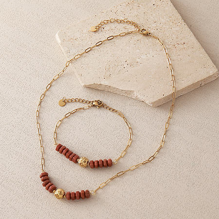 Synthetic Goldstone Hexagon Heishi Beads & 304 Stainless Steel Paperclip Chain Necklace & Bracelets for Women SG1071-3-1