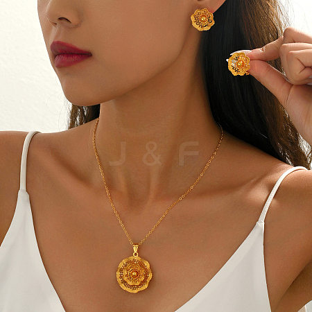 Hollow Vintage Brass Flower Stud Earrings & Pendant Necklaces Sets for Women SA8016-1