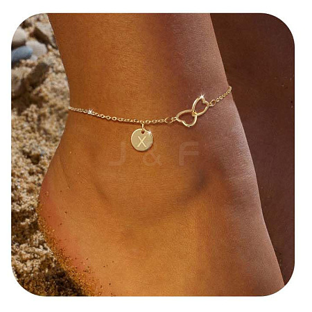 Brass Double Heart Link Flat Round Initial Charm Anklets for Women FS-WGA84B7-01-1