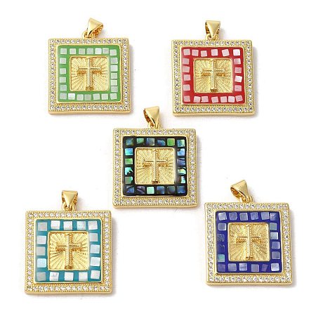 Square with Corss  Brass Micro Pave Cubic Zirconia Pendants KK-K385-041G-1