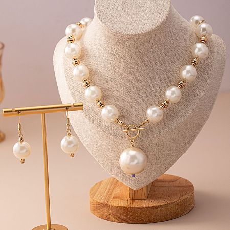 Plastic Imitation Pearl Round Beaded Pendant Necklaces & Dangle Earrings Sets for Women WGE733F-03-1