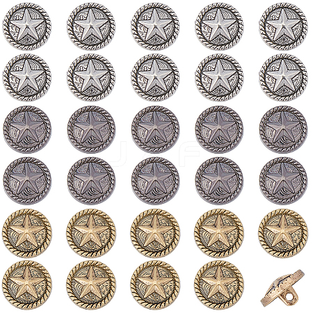 3 Colors 1-Hole Alloy Star with Flat Round Shank Buttons BUTT-GF0004-30B-1