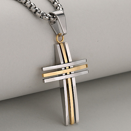 Duo Tone 304 Stainless Steel Religion Cross Pendant Necklaces for Men WG31517-02-1