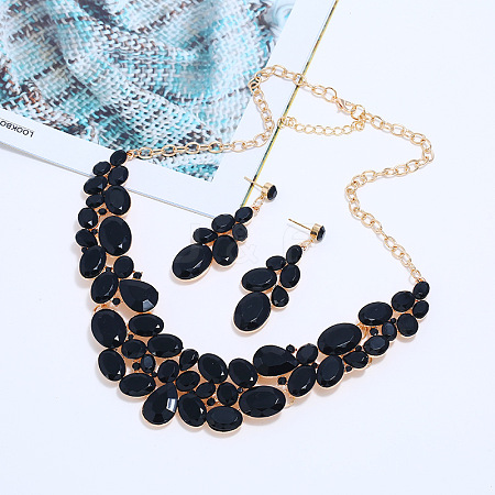 Oval Alloy Glass Stud Earrings & Bib Necklaces Sets for Women FS-WGA59D1-01-1