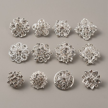 12Pcs 12 Style Rhinestone Flower Safety Pin Brooch JEWB-WH0029-25S-1