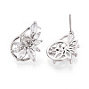 Flower Brass Micro Pave Clear Cubic Zirconia Stud Earrings Findings for Half Drilled Beads KK-T071-07P-3