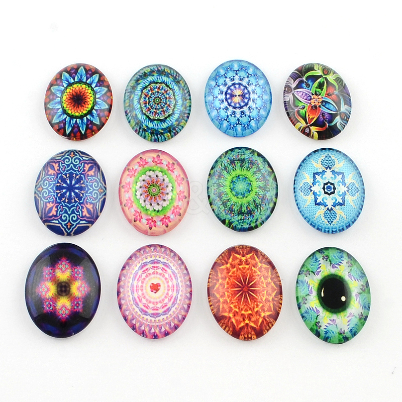 Wholesale Kaleidoscope Flower Pattern Glass Oval Flatback Cabochons for ...