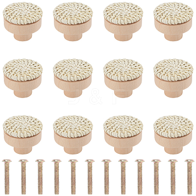 Rattan Woven & Wood Round Drawer Knobs DIY-WH20410-01B-1