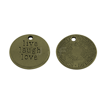 Tibetan Style Alloy Flat Round Carved Word Live Laugh Love Message Pendants TIBEP-12582-AB-NR-1
