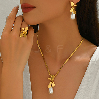Elegant Stainless Steel Bowknot Earrings & Necklaces & Rings Sets for Women BO7073-1