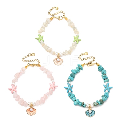 3Pcs Natural Moonstone & Rose Quartz & Synthetic Turquoise Chips & Shell Pearl Beads Bracelets Sets BJEW-JB12413-1