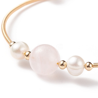 Natural Rose Quartz & Pearl Round Beaded Bangle X-BJEW-JB08464-02-1