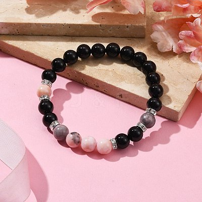 Natural Pink Zebra Jasper & Black Onyx Round Beaded Stretch Bracelet BJEW-TA00427-01-1