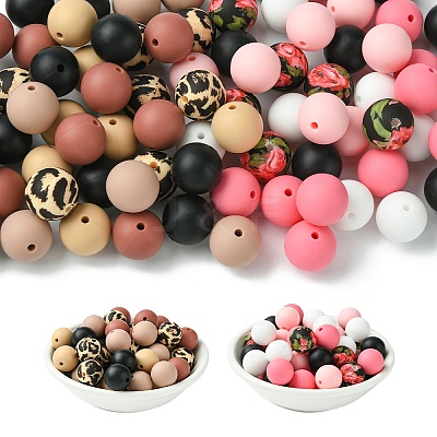 50Pcs 5 Styles Round Silicone Focal Beads SIL-YW0001-34A-1