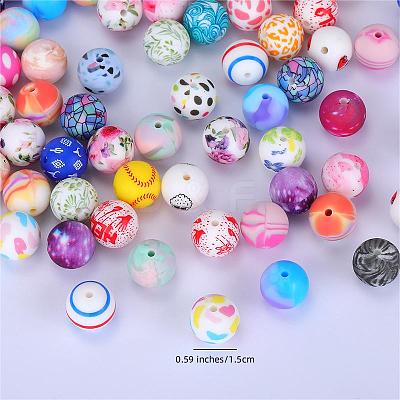 Printed Round with Sunflower Pattern Silicone Focal Beads SI-JX0056A-210-1