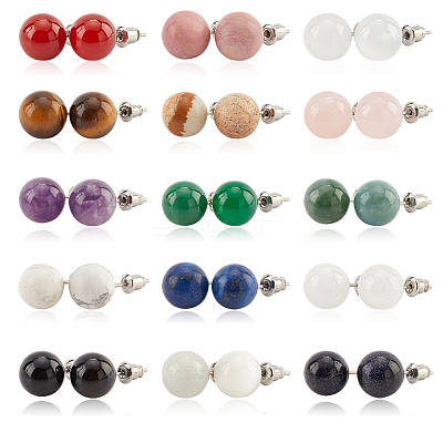 15 Pairs 15 Style Natural & Synthetic Mixed Gemstone Round Stud Earrings EJEW-AN0003-28-1