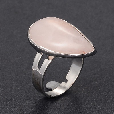 Adjustable Natural Rose Quartz & Platinum Brass Rings RJEW-N024-02H-1