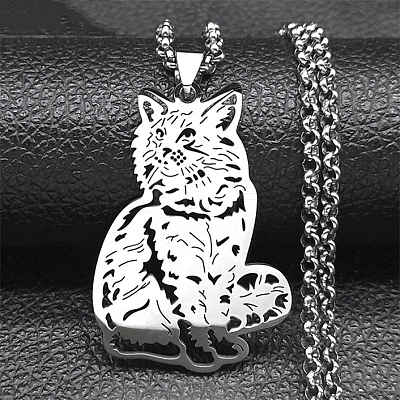 201 Stainless Steel Box Chain Hollow Cute Cat Pendant Necklaces NJEW-S003-09P-1