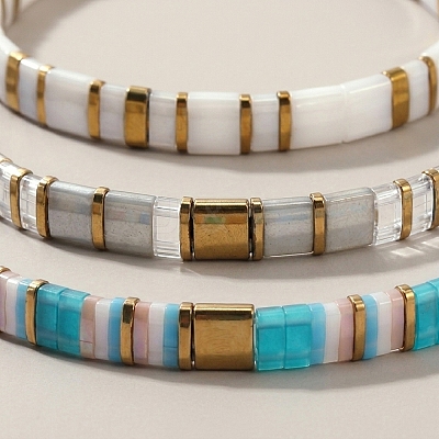 3Pcs 3 Styles Square Glass Tile Beaded Stretch Bracelet Sets with Synthetic Non-magnetic Hematite Beads for Women HZ1549-1