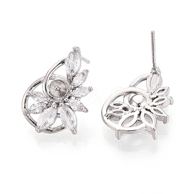 Flower Brass Micro Pave Clear Cubic Zirconia Stud Earrings Findings for Half Drilled Beads KK-T071-07P-1