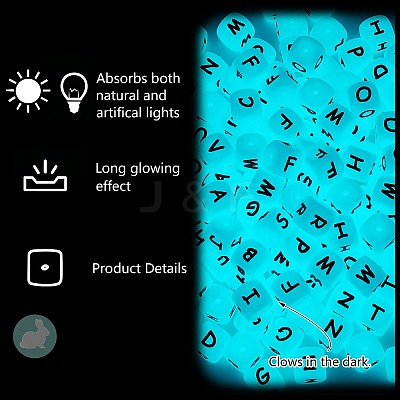 20Pcs Luminous Cube Letter Silicone Beads 12x12x12mm Square Dice Alphabet Beads with 2mm Hole Spacer Loose Letter Beads for Bracelet Necklace Jewelry Making JX437X-1