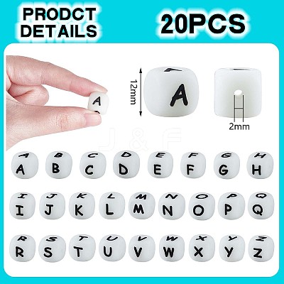 20Pcs Luminous Cube Letter Silicone Beads 12x12x12mm Square Dice Alphabet Beads with 2mm Hole Spacer Loose Letter Beads for Bracelet Necklace Jewelry Making JX437O-1