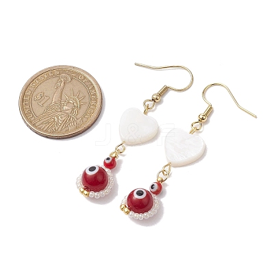 Natural Shell Heart & Lampwork Evil Eye Dangle Earrings EJEW-MZ00121-1