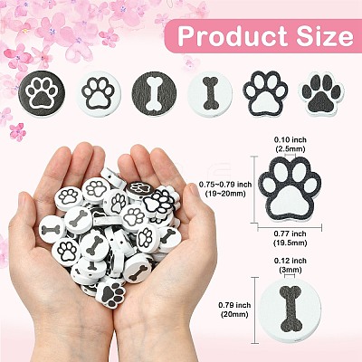 60Pcs 6 Styles Dog Bone Print Wooden European Beads WOOD-CJ0002-39-1