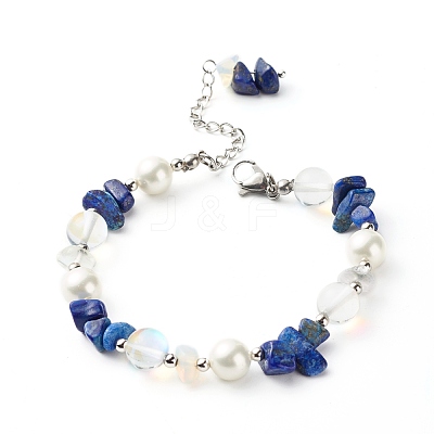 Natural Lapis Lazuli(Dyed) Chip Beaded Bracelet for Girl Women BJEW-TA00019-04-1