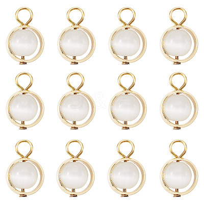 12Pcs Brass & Glass Imitation Cat Eye Round Charms PALLOY-TAC0237-01-1
