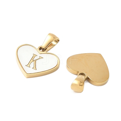 304 Stainless Steel Pave Natural White Shell Heart with Initial Slice Pendants STAS-R168-25G-K-1