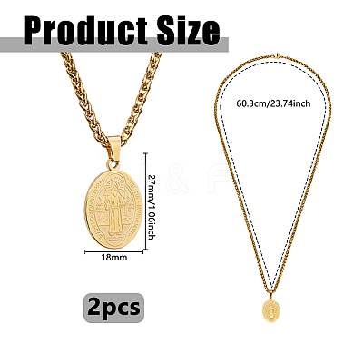 2Pcs Stainless Steel Saint Benedict Oval Medal Pendant Wheat Chain Necklaces NJEW-DC0001-20G-1