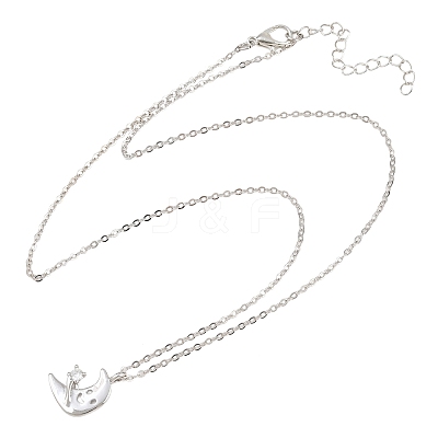 Brass Pave Clear Cubic Zirconia Smiling Face Moon Pendant Necklaces KK-CBA6599-04B-P-1