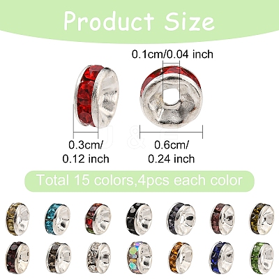 60Pcs 15 Colors Brass Rhinestone Spacer Beads RB-YW0001-12-1